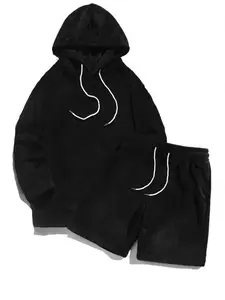 Men's Plush Long Sleeve Loose Hoodie Shorts Set, Casual Comfortable Style, Skin-Friendly Warm Soft Fabric, Drawstring Design, Perfect for Home Leisure