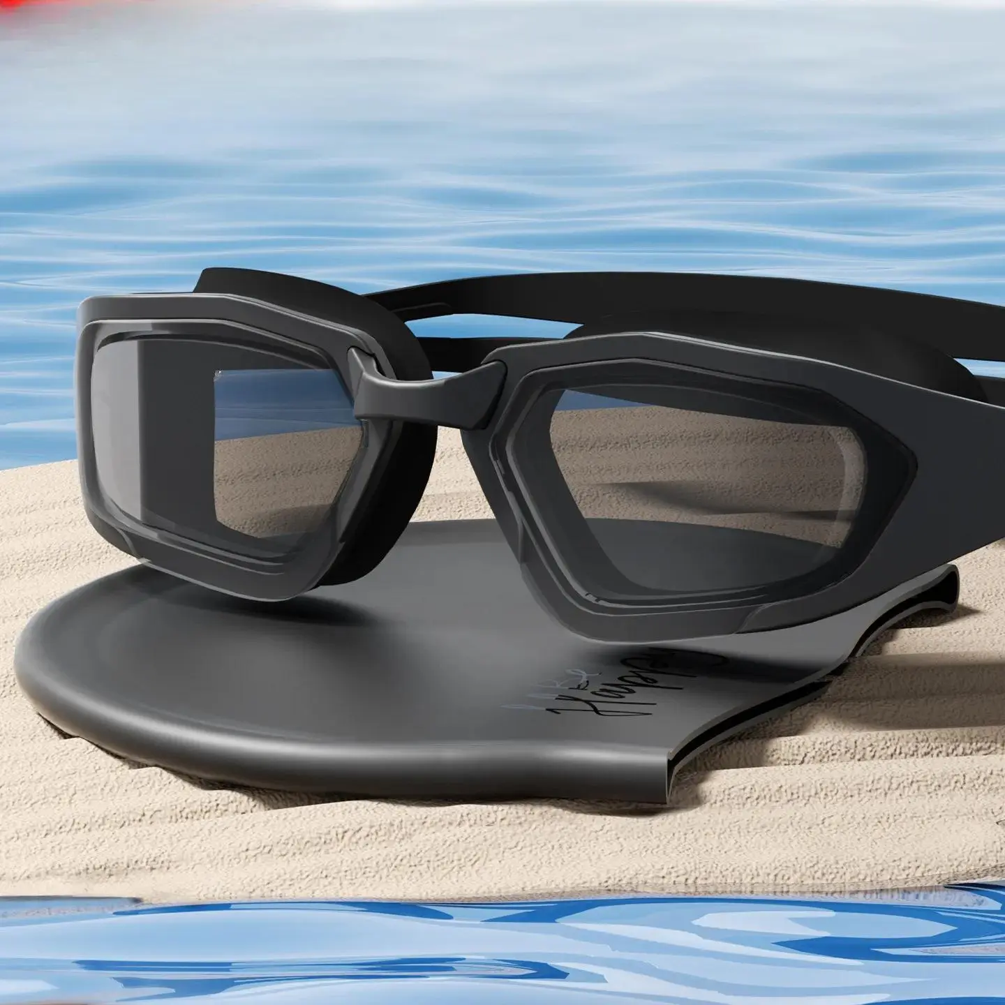 Black goggles swimming cap set