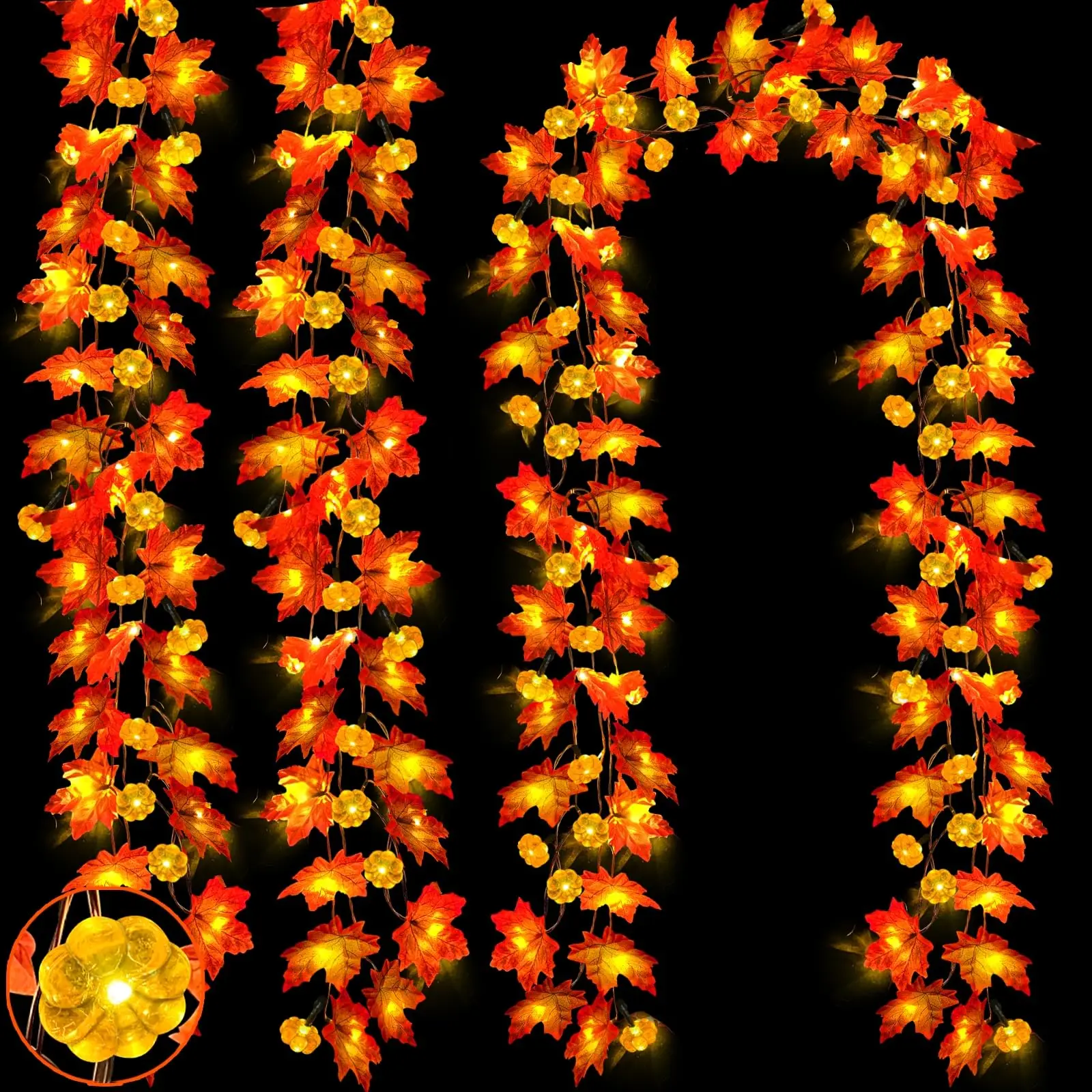 TURNMEON 3-Pack 30ft Fall Pumpkin Maple Garland with Lights, 60 LEDs 4" Enlarged Maple Leaves 3D Pumpkin Lights Timer, Battery Operated for Porch Mantel Autumn Halloween Thanksgiving Decor