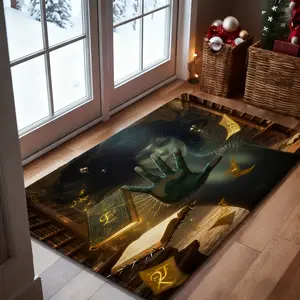 The image shows a magical scene in a library with a person, books, and floating papers. 1-Piece Bathroom Mat, Soft Bath Mat, Absorbent High-Quality Bathroom Carpet, Non-Slip and Comfortable Ba