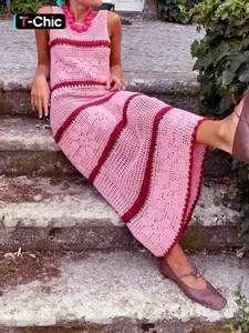 Women's Colorblock Crochet Sweater Dress, Casual Sleeveless Fitted Knitwear for Summer, Fashion Women's Clothing for Daily Wear, Womenswear, Piece