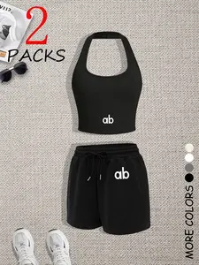 Women's Sexy Halter Top & Straight Leg Shorts Set, Casual Summer, Adjustable Drawstring, Perfect for Outdoor & Party, Halter Neck, Womenswear