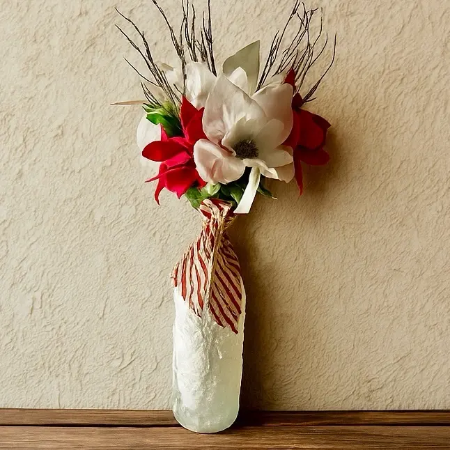 Homemade Christmas Bouquet Vase with Red and White Flowers and Striped Ribbon for Festive Home Decor