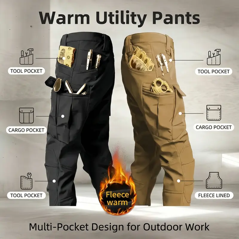 Men's Fleece-Lined Windproof Warm Tactical Pants 400g Knitted Fabric Mid-Rise Multi-Pocket Standard Fit for Autumn Winter Outdoor Wear