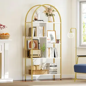Yitahome Gold Arched Bookshelf and Bookcase, 5 Tier Standing Book Shelf, Storage Display Rack Shelves for Bedroom Living Room Office