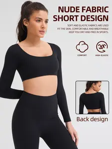 1-Pack Long Sleeve Crop Top w/ Built-in Pads – Soft & Non-Binding High-Stretch Slimming Fit