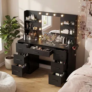 FURMAX Makeup Vanity with Mirror and Drawers Vanity Desk Set with 3 Modes Adjustable Brightness Lights and USB Power Outlet