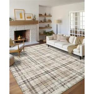 Modern Plaid Washable Rug 10x13 Area Rug for Living Room Soft Large Area Rug for Bedroom Non Shedding Non Slip Throw Rugs Stain Resistant Carpet for Dining Room Nursery Rug 10'x13' Beige