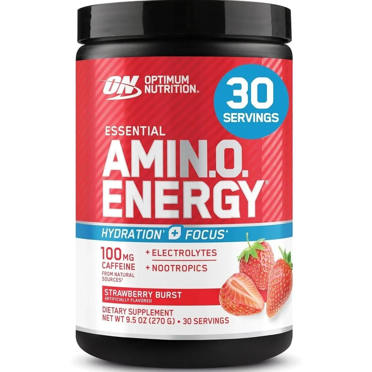 Optimum Nutrition Amino Energy Powder Plus Focus, Juicy Strawberry, 9.5 Oz