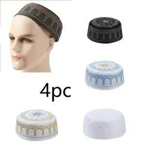 A 4pcs Set Of Kufi Hats In Yellow, White, Black, And Blue for The Month Of Ramadan And Eid Celebrations In Saudi Arabia.
