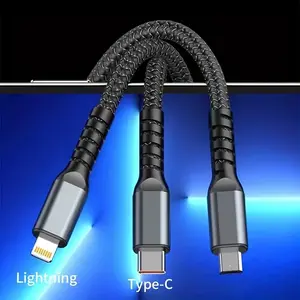1.2m/4ft Nylon Braided 3in 1 Digital Display USB charging cable with Type-C, Micro USB, IP Port for ALL Cell Phone  Multi Port Multiple Charging Wire
