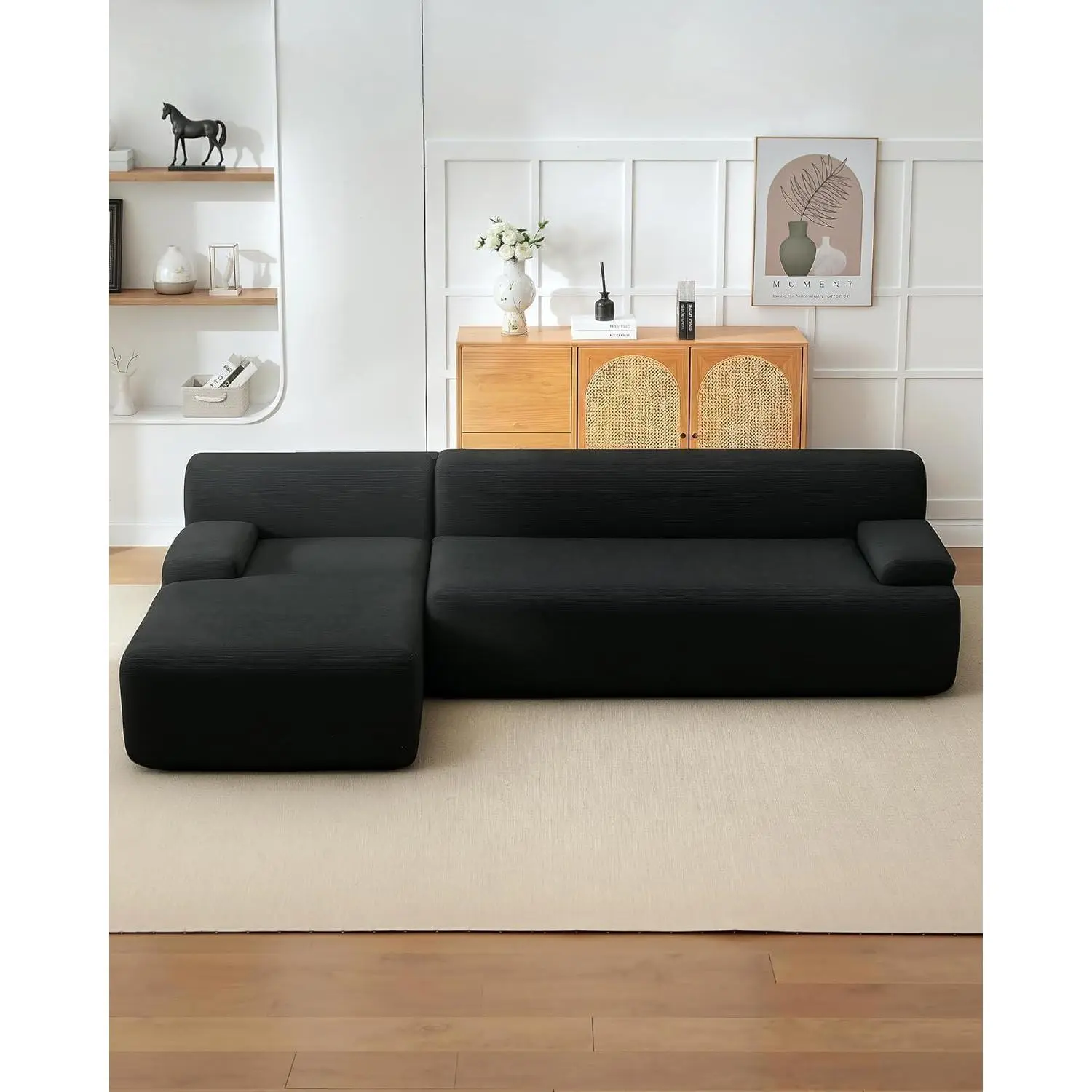 Oversized 108" Corduroy Cloud Sectional – Left-Facing Chaise Boneless Modular Sofa, Soft Deep Lounger for Living Room, No Assembly Needed