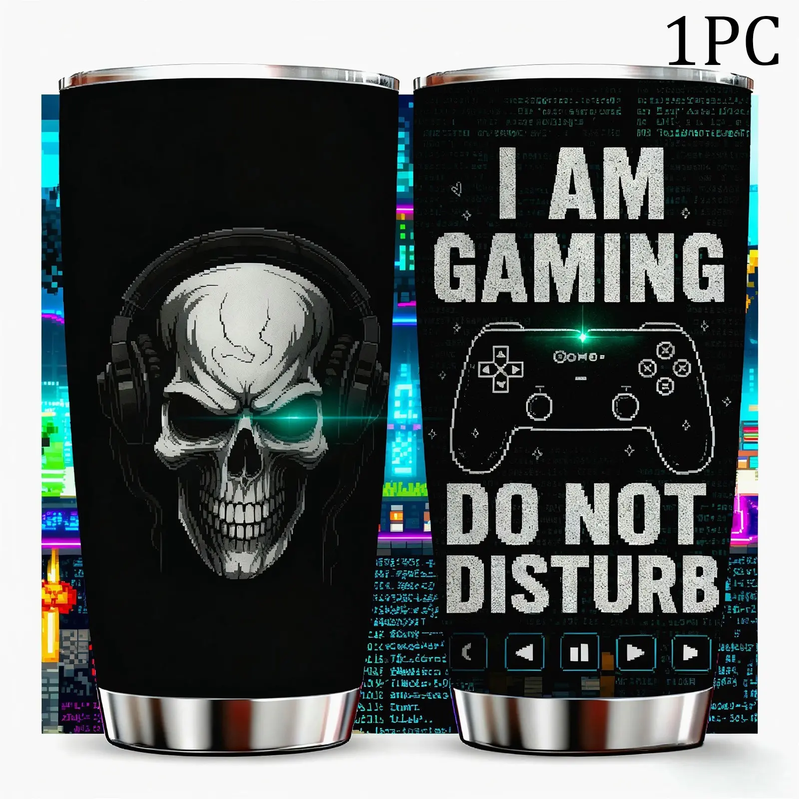 1 Pc 20oz double wall insulated mug, portable drinkware tumbler, leak proof tumbler, Leakproof Insulated Tumbler, keeps hot 12 hours and cold 24 hours, gaming skull with headset, for hot cold drinks, gift for men and women, Stainless Steel Drinkware