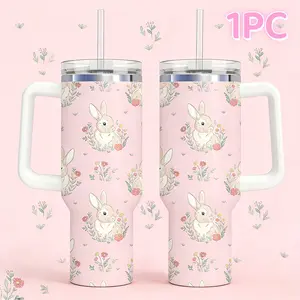 Easter Tumbler with Handle 40oz Easter Egg Bunny Flowers Tumbler with Lid and Straw Colorful Holiday Stainless Steel Cup for Easter Spring Home Office Travel
