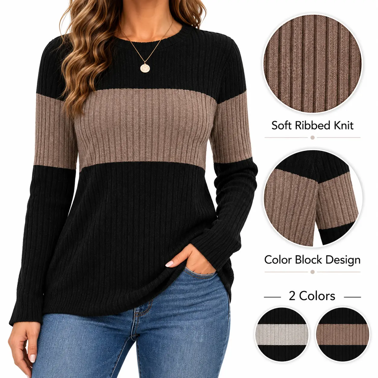 Wiholl Fashion Women's Knitwear Pullover - Trendy Color Block Long Sleeve Casual Round Neck Lady's Top, 2026 Fall Winter Women's Clothes Outfits