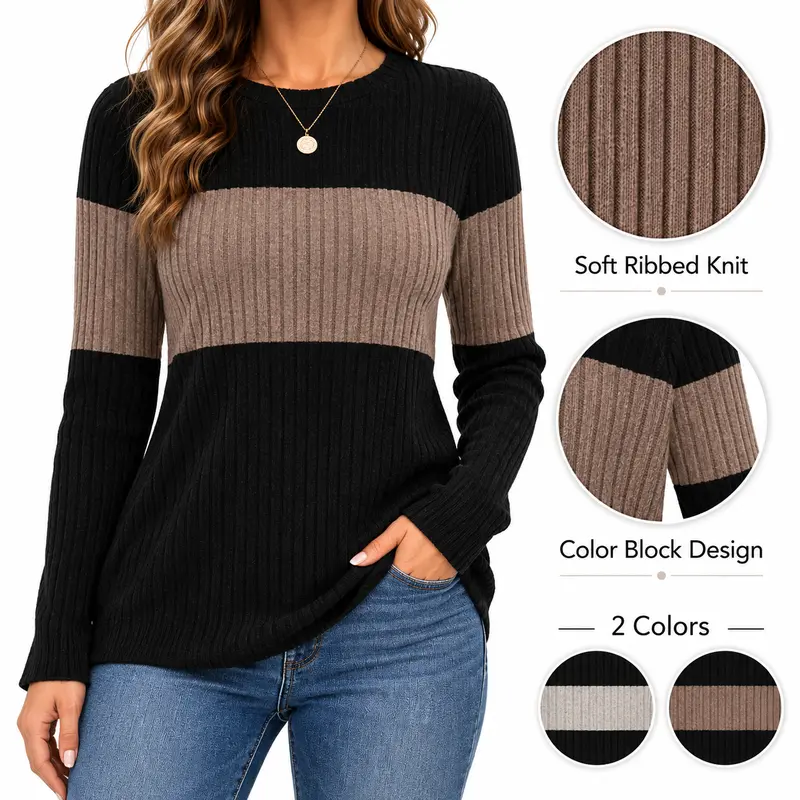 Wiholl Fashion Women's Knitwear Pullover - Trendy Color Block Long Sleeve Casual Round Neck Lady's Top, 2026 Fall Winter Women's Clothes Outfits