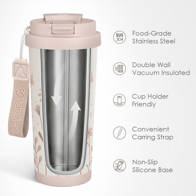 Sandjest 18oz Insulated Stainless Steel Coffee Tumbler, Reusable Iced Coffee Cup, 2-in-1 Lid Portable Travel Mug for Office Outdoor Christmas Gift