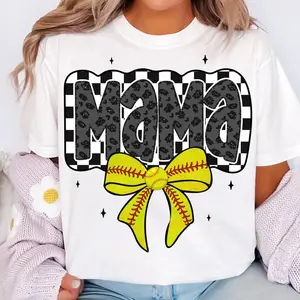 Retro Softball Mama, Softball Mama, Softball Coquette, Game Day Softball Bow, Checker Softball, Softball Mom  Women Graphic Print Short Sleeve T-Shirt Vintage Letter Crew Neck Casual Summer Tee Tops