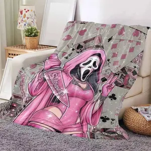 Pink Ghost Face Flannel Blanket Playing Card Print Soft Cozy Warm Lightweight Decorative Throw Perfect for Bedroom Living Room Lounge Gift Parties