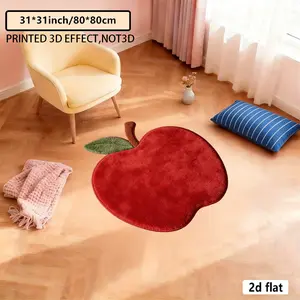 2D flat irregular-shaped carpet, red apple-shaped cushion for a fresh and natural style bedroom decoration at the side of the bed