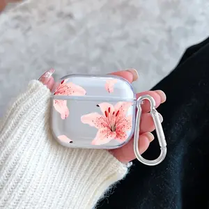 Pink Lily Grace Pattern Protective Case for AirPods 4/3/2/1/Pro/Pro2 Soft TPU Earphone Cover, Transparent with Keychain