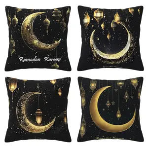 Ramadan Eid Decoration Pillow Set Black Ramadan Auspicious Pillow Set Ramadan Pillowcase Cushion Set Suitable for Sofa, Bedroom, Living Room, Car, 4-piece Set Double sided Printing