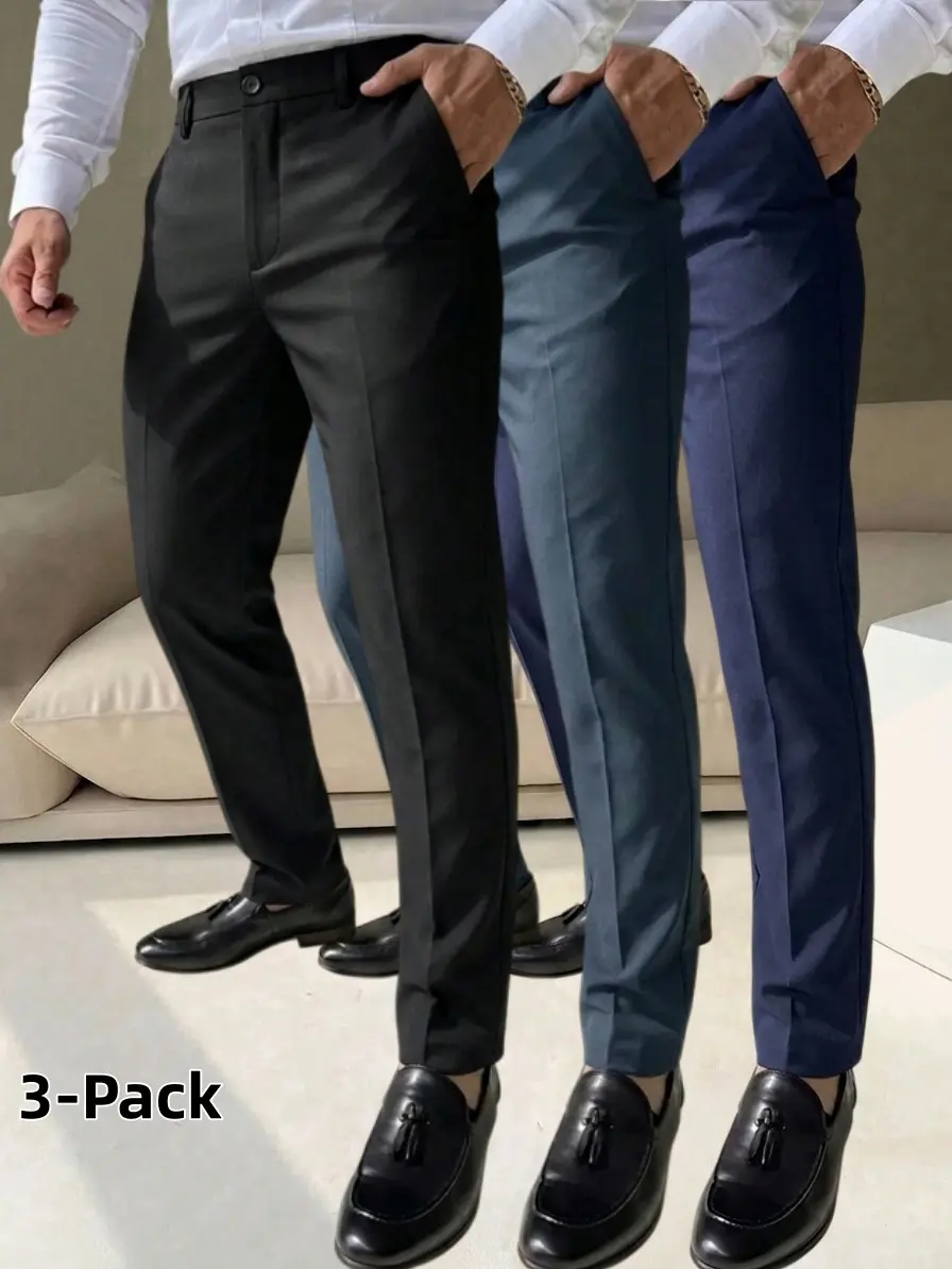 3-Pack Men's Slim Fit Business Dress Pants, Stretch Wrinkle Resistant Tapered Suit Trousers, Formal Casual Flat Front Chino Pants For Office Work Daily Smart Casual Outfits