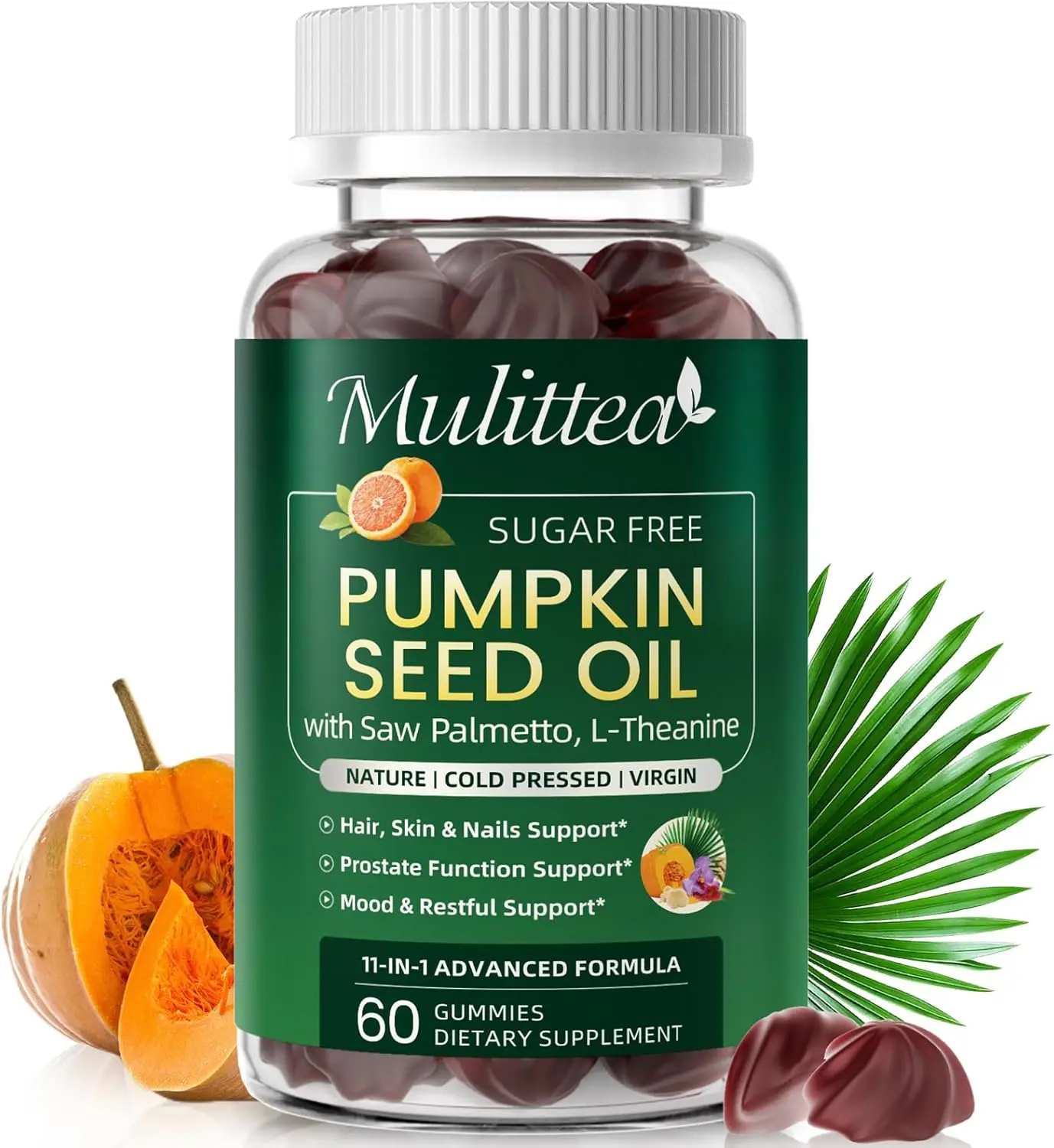 Mulittea Pumpkin Seed Oil with Saw Palmetto Gummies for Hair & Prostate Support | 11-in-1 w/ L-Theanine, Ashwagandha & MCT Oil for Mood&Daily Wellness, Essential Fatty Acids&Phytosterols|Non-GMO|Women&Men