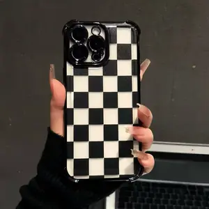 Black checkerboard pattern four-corner anti-fall phone case, suitable for iPhone17/16/15/14/13/12/11/XPro Max plus, shockproof, transparent and sturdy mobile phone case, smartphone protective cover Protection Cellphone