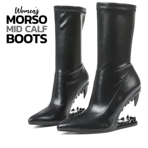 Morso Boots For Women Mid Calf Boot Pointed Toe Shark Teeth Heel Stretch Fit Pull On Fashion Retro Chic Party Date Festival Dress Concert Night Club Trendy Goth Booties