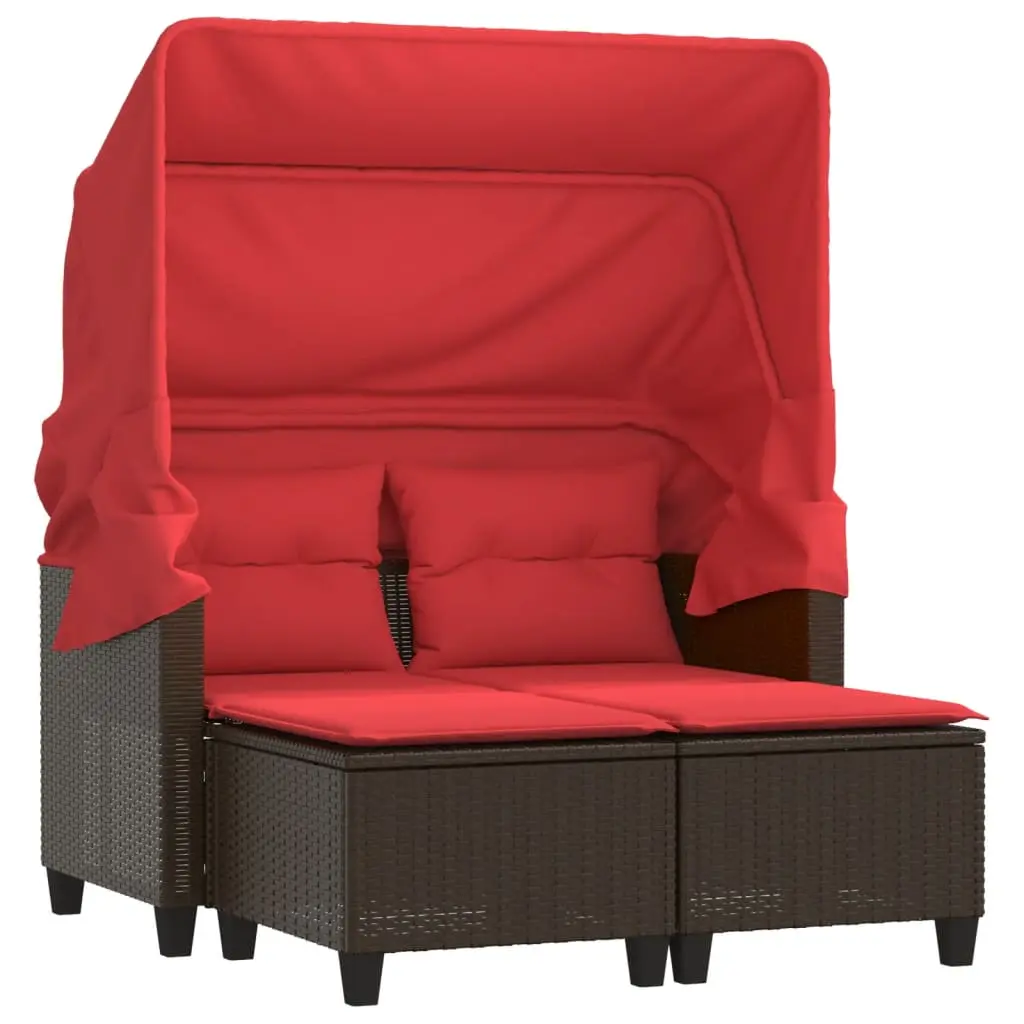 vidaXL Patio Sofa 2-Seater with Canopy and Stools, Patio Loveseat, Outdoor Seating Furniture for Balcony Garden Backyard, Brown Poly Rattan 365788