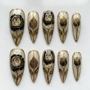 Black Rose Stained Glass Press On Nails, Hand-painted Gothic Art, Luxury Floral Design, Almond Shape Manicure, Elegant Wedding Nail Art