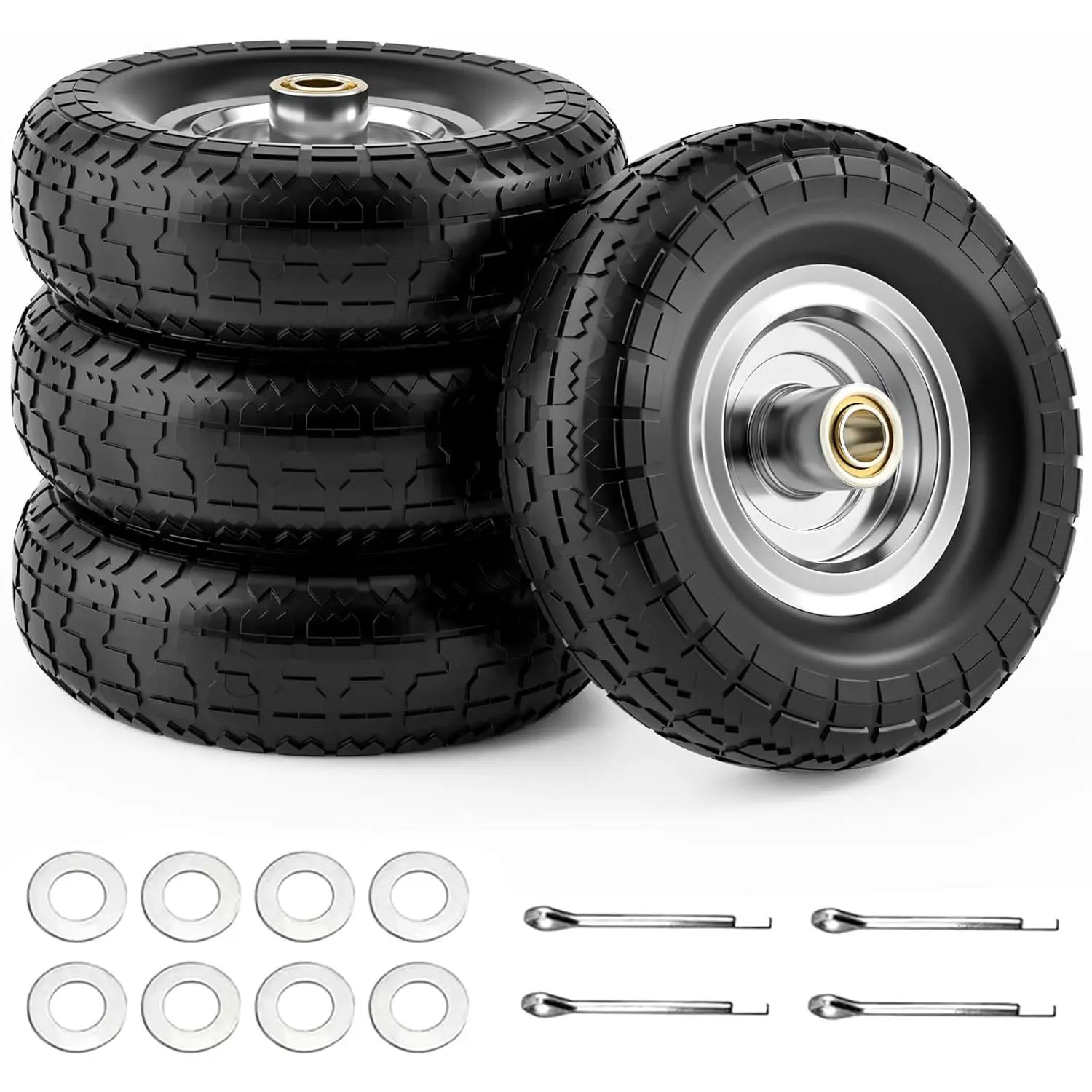 4 Pack 10 Inch High-Density Polyurethane Flat-Free Wheels - 300LB Load Capacity, 5/8" Axle Bore, 2.2" Offset Hub, Non-Slip Tread, Puncture-Free, Smooth Rolling, Heavy-Duty Auto Replacement Parts for Daily Hauling, Solid Wheel, Daily Hauling Tasks