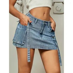 Street Flap Pocket Tape Detail Cargo Denim Mini Skirt Summer Hottie Outfit Fabric Womenswear