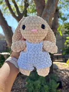 Hand Crocheted Bunny Plush with Overalls, Amigurumi Stuffed Animal Cottagecore Decor
