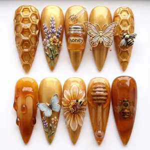 Honey Bee Stiletto Press On Nails | Yellow Summer Trendy Fake Nails | Reusable Glue On Nails | Cute Bumble Bee Luxur