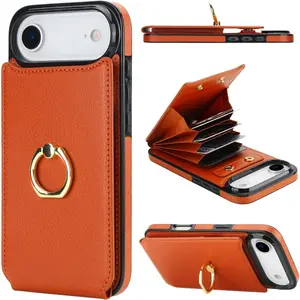 Compatible with iPhone 17 Air promax Case Wallet with Card Holder, 360°Rotation Finger Ring Holder Kickstand, RFID Blocking Leather Protective Double Buttons Shockproof Cover