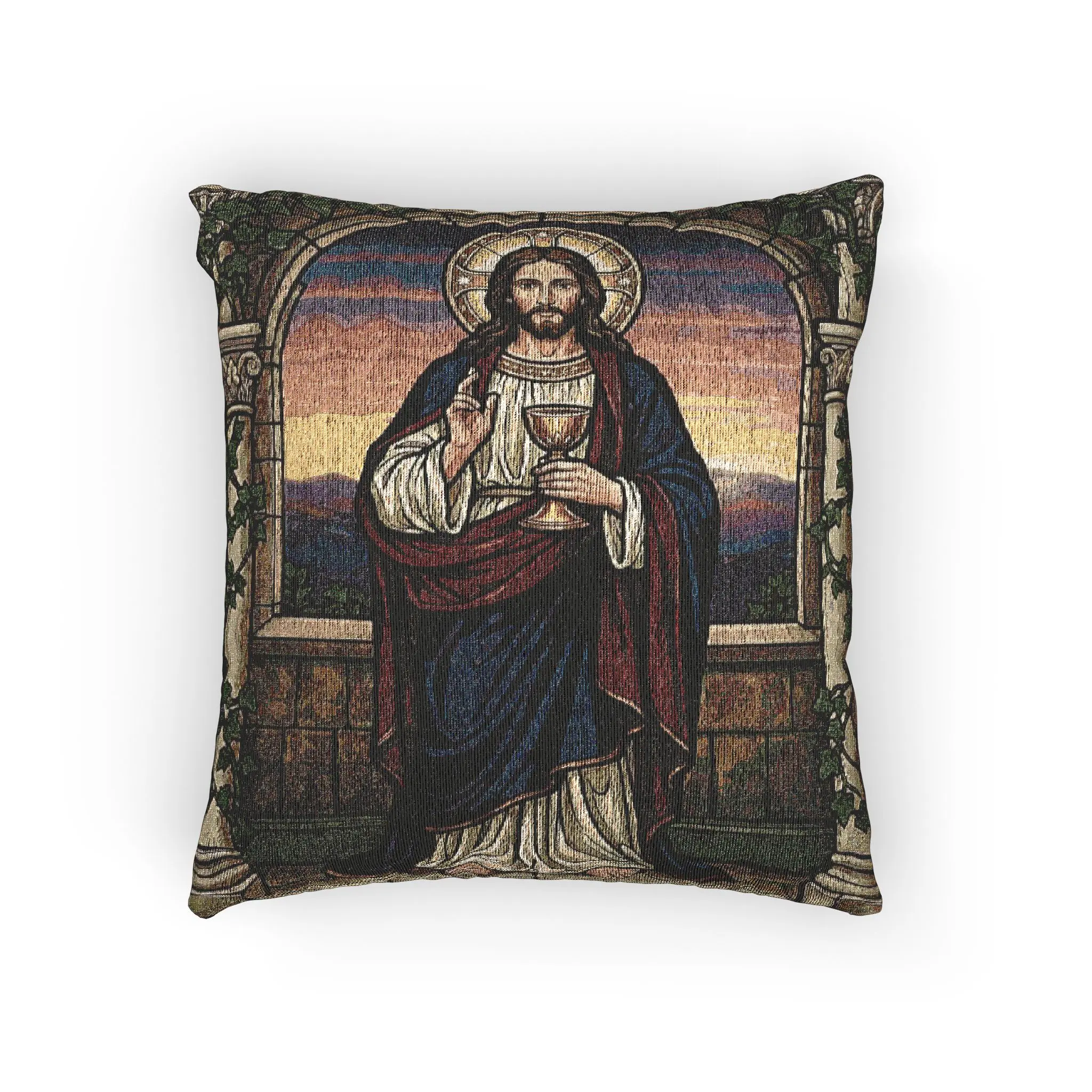 Sacred Heart of Jesus Woven Pillow | Stained Glass Cathedral Throw Pillow | Catholic Faith Heirloom Decor | Bilingual Devotional Gift