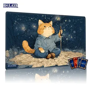 Whimsical Anthropomorphic Orange Tabby Cat MTG Playmat 12x24in - Blue Shirt Cat TCG Playmat, Starry Night Constellation Magic Card Game Mat for Gathering Family, Perfect Gift for TCG Enthusiasts