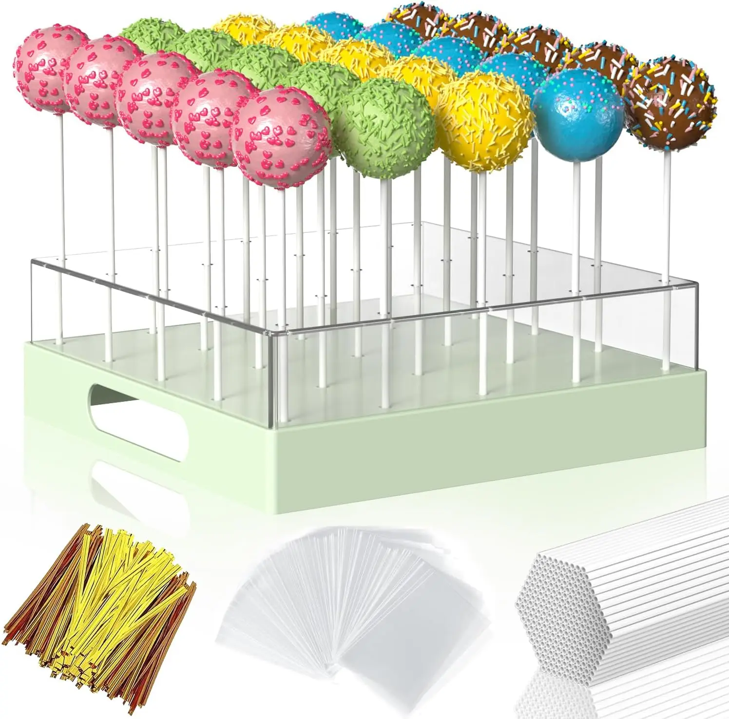 25-Hole Transparent Square Frame Lollipop Holder Kit, 7.5x7.5x2.5in Stackable Non-Slip Food-Grade ABS+PC Stand with Carry Handle & 100 Sticks, Ideal for Wedding, Birthday, Dessert Display & Party Favor