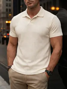 Men's Jacquard Knit Collared Polo Shirt, Summer Regular Fit Casual Short Sleeve Top, Men's Daily Wear Clothing, Fitted Style, Plain Pattern, Menswear