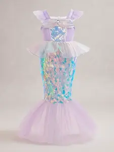 Mermaid Costume for Girls, Dress Up Costume, Contrast Sequin Zipper Back Butterfly Sleeve Tulle Dress, Girls Partywear for Birthday Party
