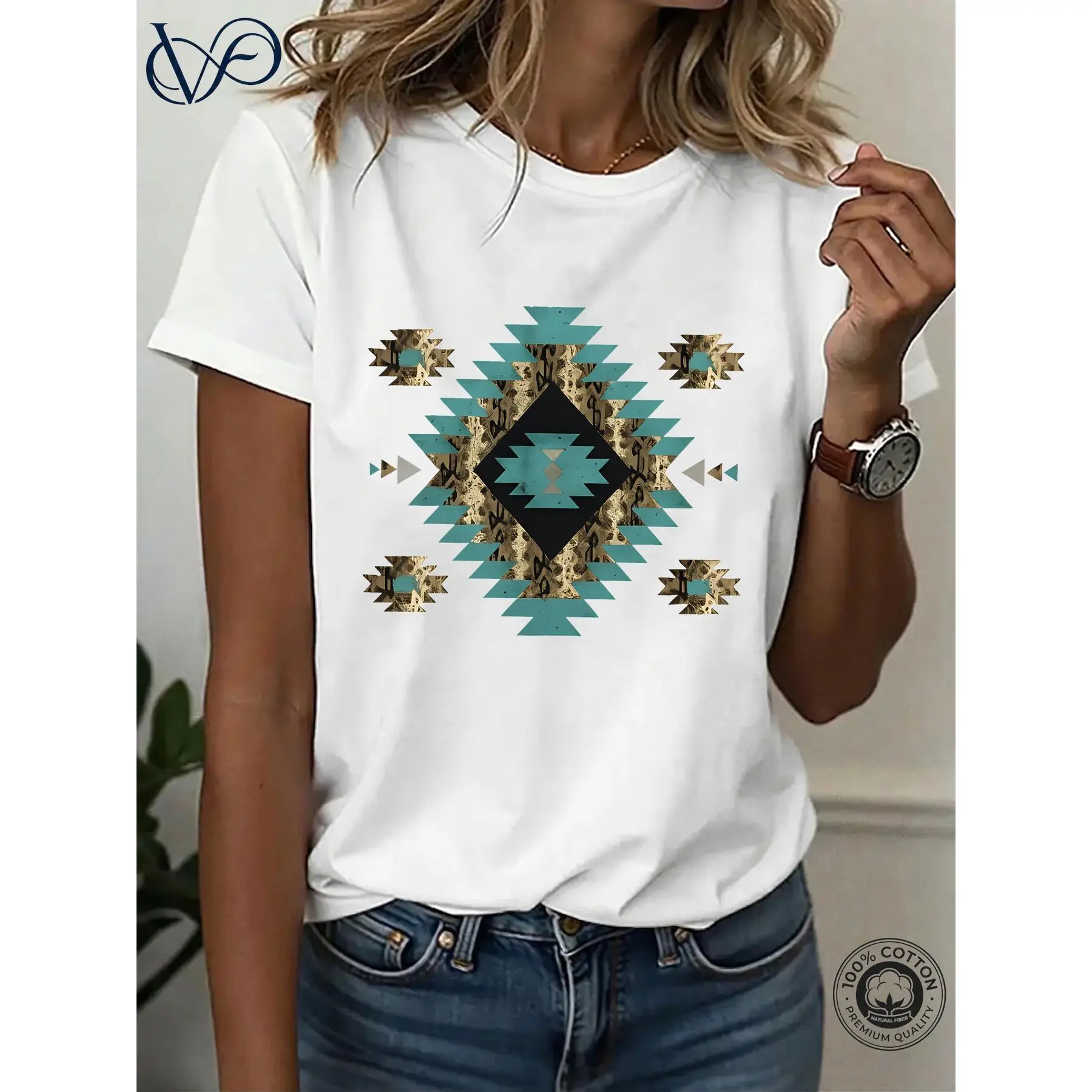 Women's Dark Gray Round Neck Short-Sleeve Graphic T-Shirt - Boho Clothes for Women, Geometric Tribal Aztec-Inspired Statement Print, Relaxed Fit, Denim-Pairing Casual Essential Top, Women's T Shirts