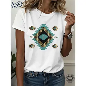 Women's Dark Gray Round Neck Shortsleeve Graphic T-Shirt - Geometric Tribal Aztec-Inspired Statement Print, Relaxed Fit, Trendy T-Shirts Essential, Denim-Pairing Casual Top, Boho Earthy Girl Clothes Piece
