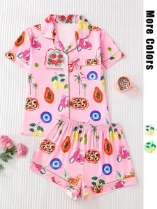 Women's Fruit Print Shirt & Elastic Waist Shorts Pyjama Two-piece Set, Casual Comfy Short Sleeve Top & Shorts PJ Set, Matching PJ Set, Ladies Sleepwear for All Seasons