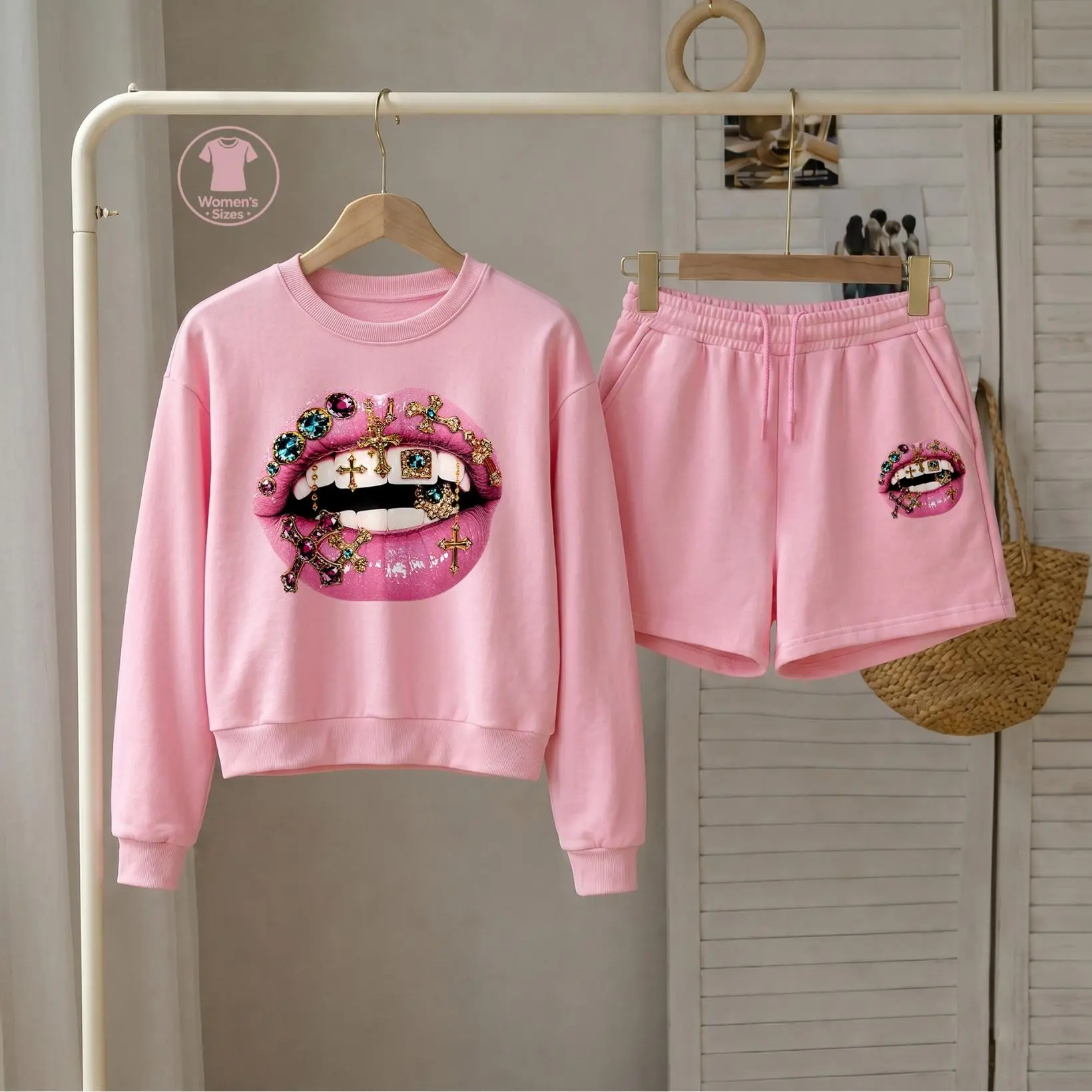 Women’s Jewelry Lips Graphic Crewneck Short Sleeve Sweatshirt & Shorts Set, Relaxed Lounge Matching Outfit With Built-In Drawstring Shorts