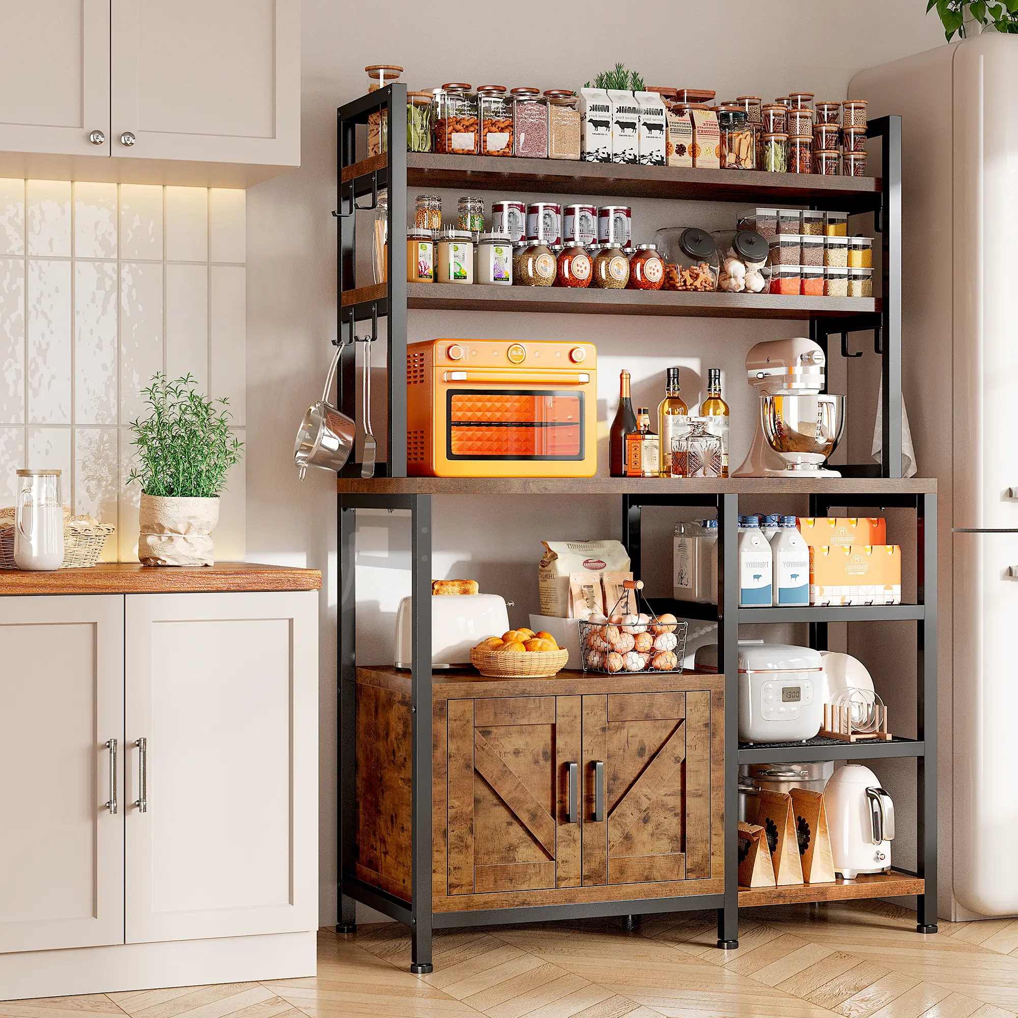 Raybee Furniture Bakers Rack for Kitchen with Power Outlet, 6-Tier Microwave Stand with Storage Cabinet, Farmhouse Kitchen Coffee Bar with Side Hooks,