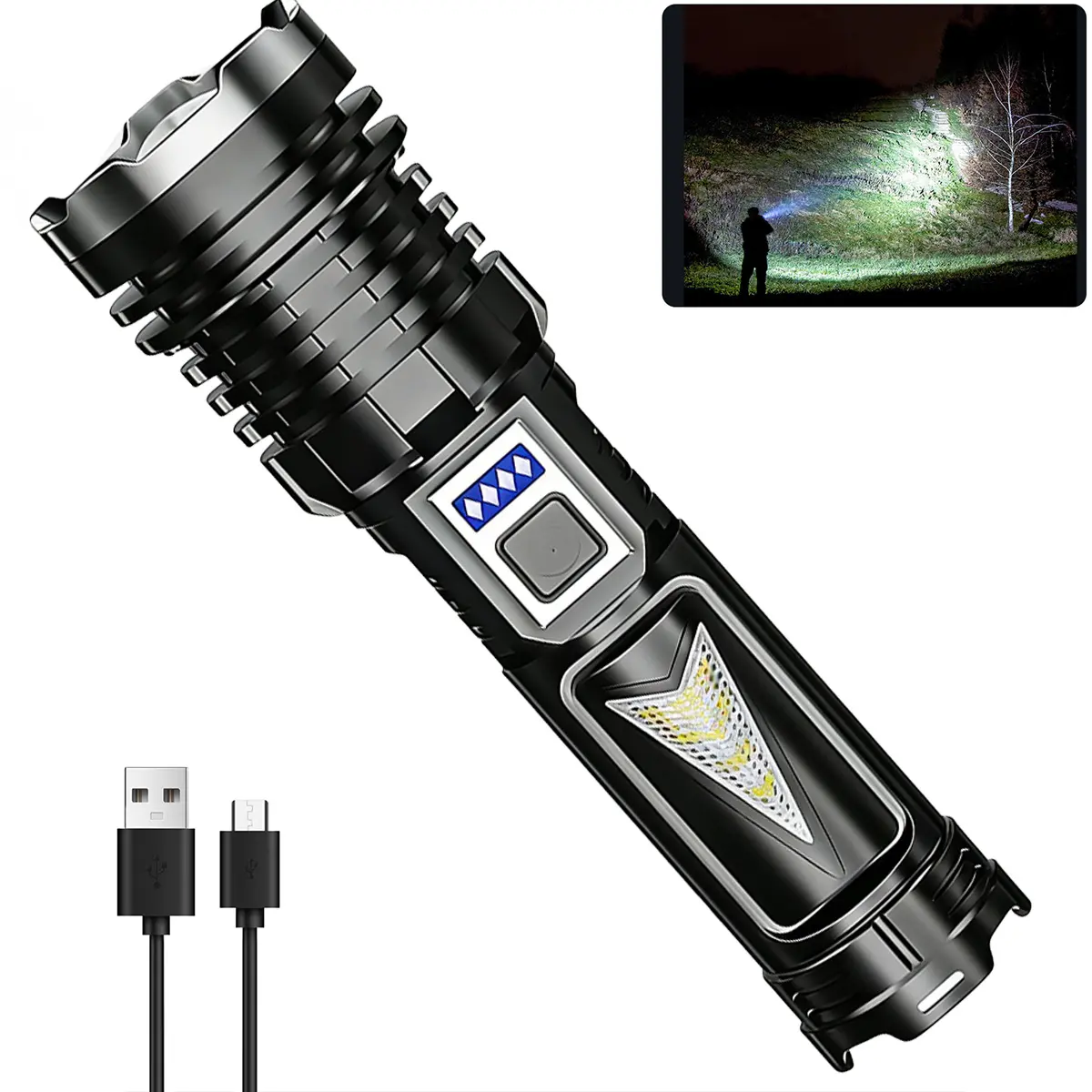 Tactical High-Lumen LED Flashlight with 5-Mode COB Side Work Light, Zoomable, Shockproof, Water-Resistant, Lightweight ABS Body, Fast-Charging USB Cable Port LED Lights for Outdoor Adventures, Household Use