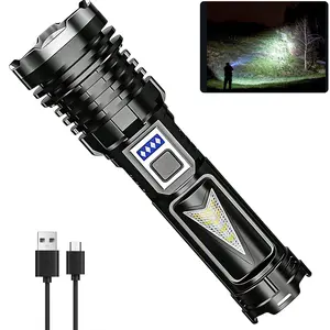 Tactical Rechargeable LED Flashlight, With 5 Modes & COB Side Light  LED Work Light with USB Charging Zoomable Shockproof Waterproff Flashight , for Outdoor Adventures Hiking Camping Emergency Household Construction Site  Supplies high lumen spotlight sum