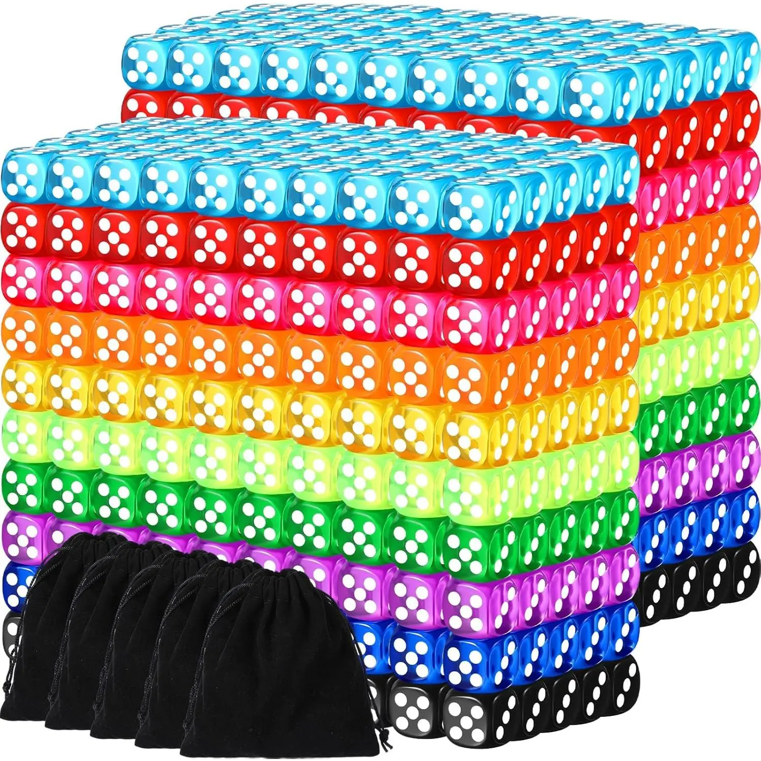 1000 Pcs Colored Dice Bulk Game Dice with 5 Pcs Drawstring Pouches 14mm 6 Sided Standard Gaming Dices for Classroom Math Teaching, Board Game, Playing, Rolling, 10 Color
